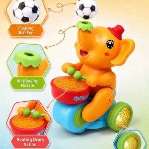 Musical Walking Elephant Drummer with Blowing Ball Toy - Yellow| Flashing LED Lights and Music| Battery Operated| Bump and Go| Beating Drum Toy|BIS Certified| Toddler Gifting Option
