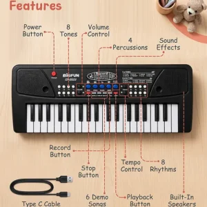 Doodle Poodle Electronic Keyboard Piano with Microphone for Kids | Interactive Musical Toy with Sound & Music Features With 37 Keys | Type C Cable Included | Karaoke | Ideal For Gifting | Educator Recommended